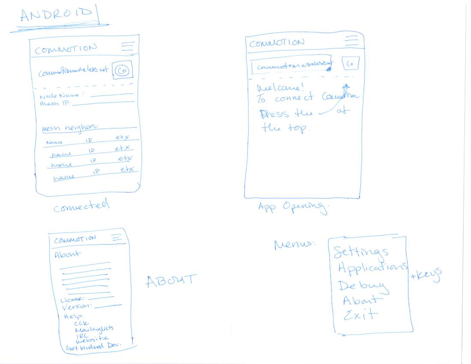 Low-fidelity prototype of Commotion Android