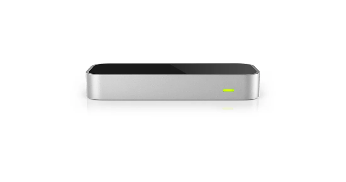A picture of the device, rectangular and silver